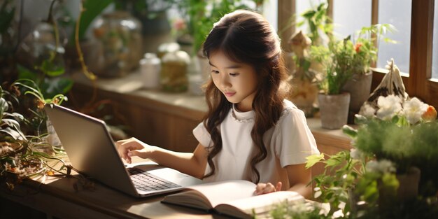 Una colegiala bastante asiática estudiando la tarea durante su lección en línea en casa concepto de educación en línea estudiante en casa Escuela en línea Regreso a la escuela