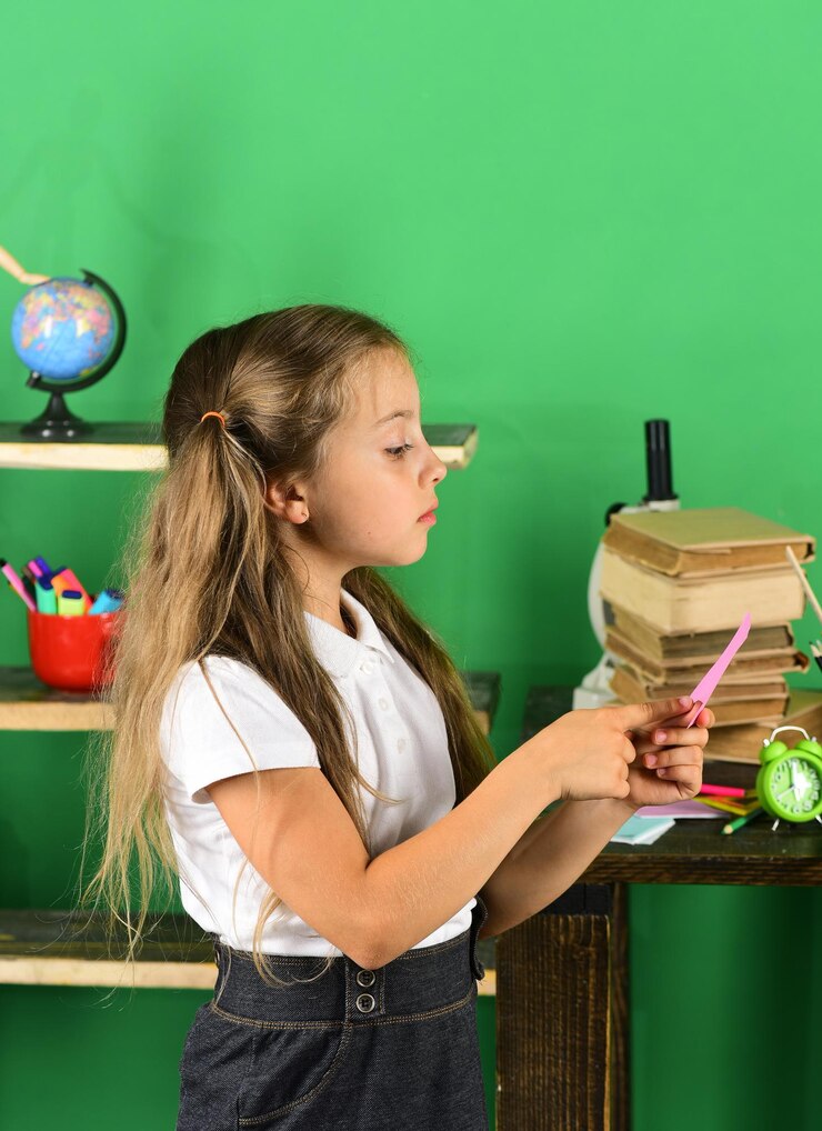 Foto colegiala con cara orgullosa sostiene un trozo de papel rosa