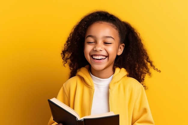 Colegiala étnica feliz riendo con un libro sobre fondo de estudio amarillo IA generativa
