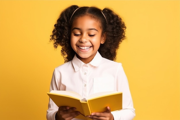 Colegiala étnica feliz riendo con un libro sobre fondo de estudio amarillo IA generativa