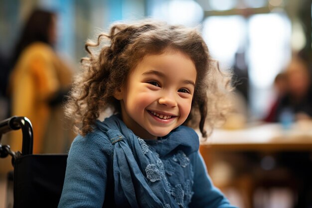 una colegiala soñadora con cabello ondulado sonríe felizmente mientras mira a alguien Ella está sentada en una silla de ruedas en un entorno escolar