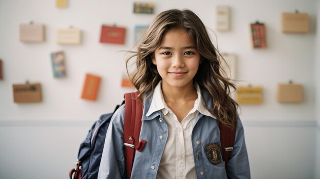 Una colegiala traviesa con su mochila repleta de libros parada frente a un blanco brillante