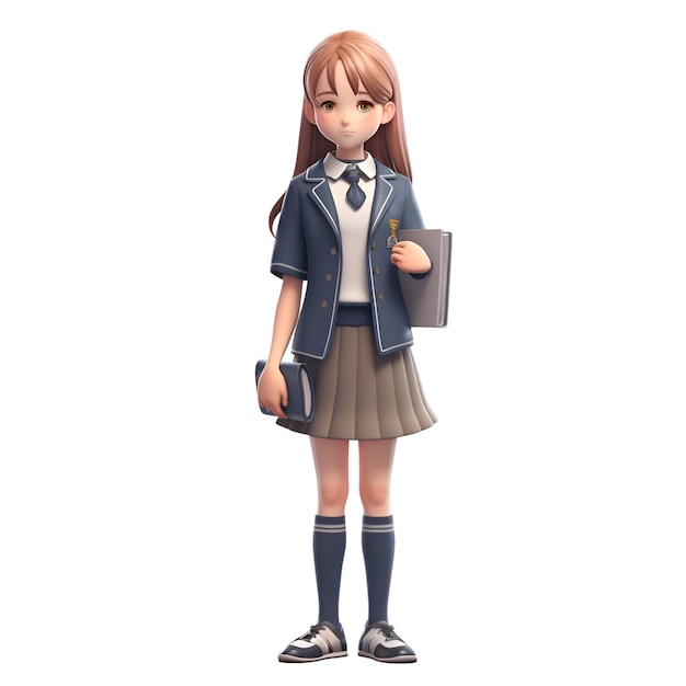 Colegiala en uniforme escolar con renderizado 3D de maletín