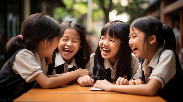 Colegialas asiáticas en uniformes aprendiendo y riendo juntas