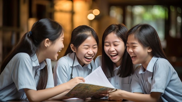 Colegialas asiáticas en uniformes aprendiendo y riendo juntas