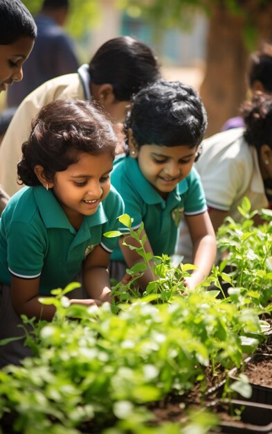 Colegialas indias haciendo jardinería en el jardín de la escuela concepto de regreso a la escuela