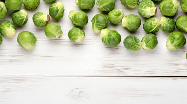 Coles de Bruselas orgánicas frescas Vegetales Fondo horizontal fotorrealista Dieta vegetariana saludable Telón de fondo generado por Ai con espacio de copia Vegetales jugosos de coles de Bruselas