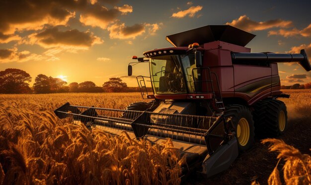 Foto coleta combinada de trigo maduro dourado no campo ao pôr-do-sol conceito agrícola trabalho sazonal de máquinas agrícolas grande coleta combinada industrial moderna coleta de grãos de trigo