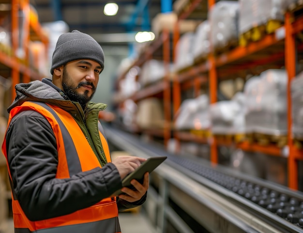 Colete de segurança para trabalhadores de armazém usando tablet ao lado de parcelas de transportador Conceito de tecnologia industrial