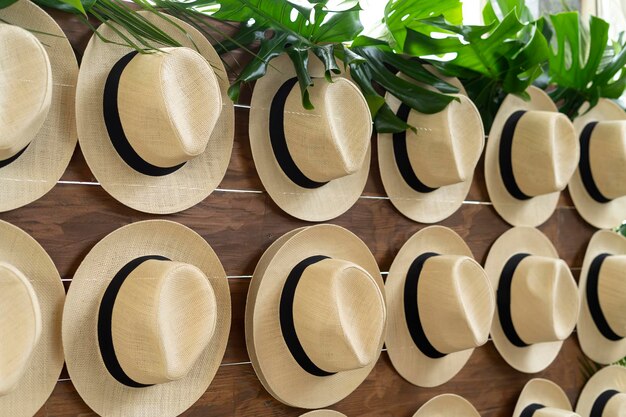 Colgador de pared con sombreros Hermosa decoración para la habitación Sombreros como regalo para una fiesta Vista lateral