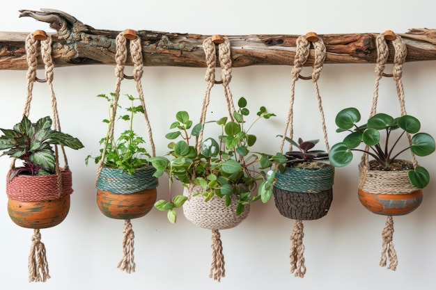 Foto los colgadores de plantas de macrame de hilo de yute están colgando de una rama de madera a la deriva anillos de madera utilizados como decoración para