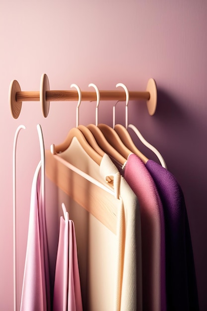 Colgadores de ropa de madera vacíos en fondo rosa pastel y beige con espacio para copiar