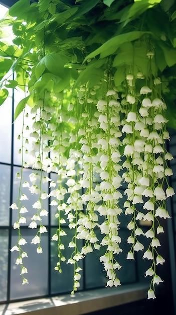 Colgando flores en una ventana