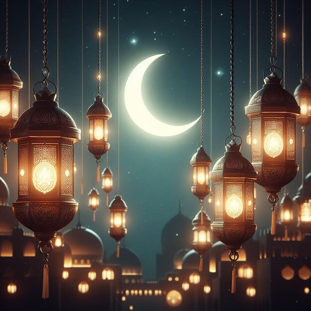 Colgando linternas tradicionales con la luna creciente brillante contra el cielo nocturno