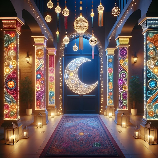 Foto colgando luces de eid en forma de luna