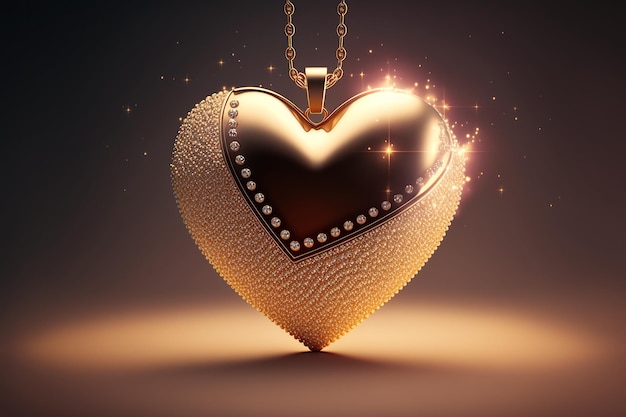Colgante con un diamante en forma de corazón dorado brillante sobre un fondo claro IA generativa