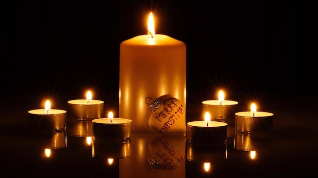 Colgante en forma de corazón con velas de Navidad encendidas en el cuarto oscuro