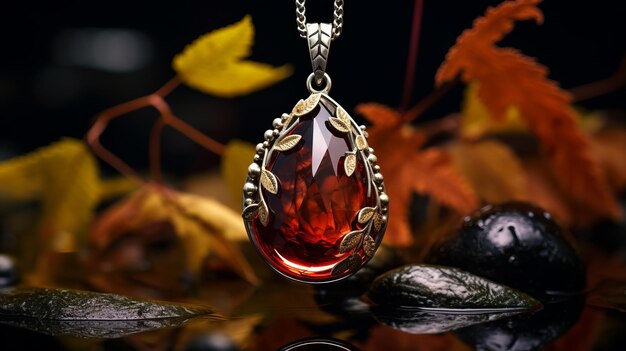 Colgante de fuego inspirado en el otoño, diamante rojo y colgante de plata.