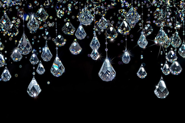 Foto colgantes de cristal sobre un fondo oscuro con luz reflectante