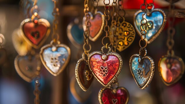 Colgantes en forma de corazón colgando de cadenas en una variedad de colores y diseños Los colgantes están hechos de metal y tienen un acabado brillante