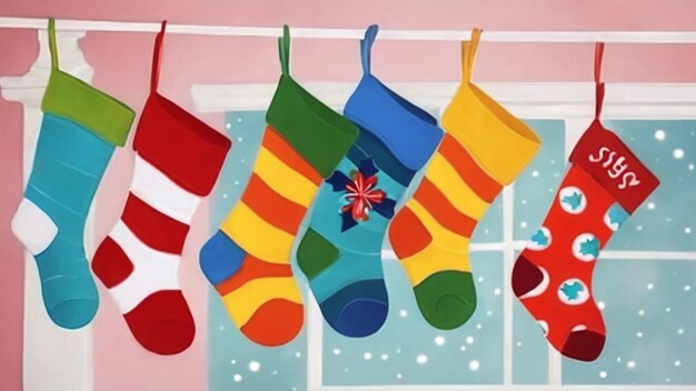 Foto colgar calcetines con diferentes colores y decoración de navidad estilo de dibujos animados