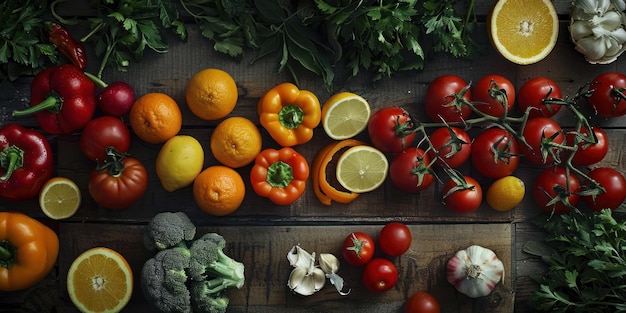 Colheita abundante Uma mesa cheia de frutas e legumes frescos