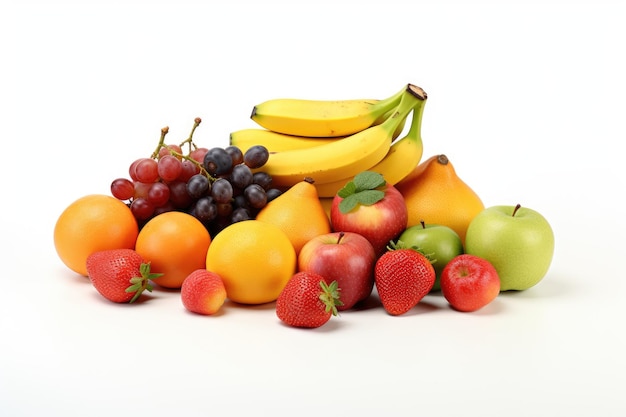 Colheita abundante Uma pilha vibrante de bananas maçãs morangos e uvas em um fundo claro PNG ou branco