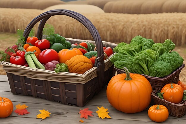Colheita da estação cestas rústicas e abundância orgânica no outono