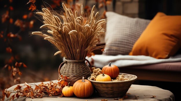 Foto colheita de abóbora de outono em uma cesta
