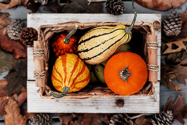 Foto colheita de abóbora em caixa rústica com folhas de outono em fundo de madeira, conceito de temporada de férias
