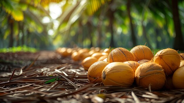 Foto colheita de cocos em um palmeiro