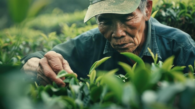Colheita de folhas de chá em uma plantação de chá Conceito do Dia Mundial do Chá