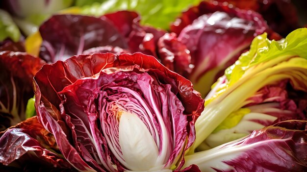 Colheita de folhas de radicchio frescas e coloridas