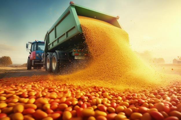 Colheita de grãos de trigo trator colheitadeira Um conjunto de trabalhos na fase final da agricultura Culturas colhidas fertilidade e bem-estar da família Colheita de produtos maduros e alimentos IA generativa