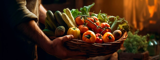 Colheita de legumes nas mãos de um agricultor Generative AI