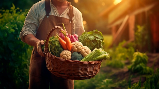 Colheita de legumes nas mãos de um agricultor masculino IA generativa