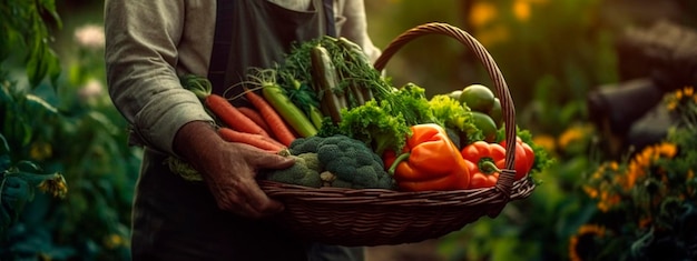 Colheita de legumes nas mãos de um agricultor masculino IA generativa