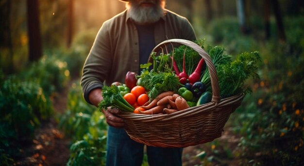 Colheita de legumes nas mãos de um agricultor masculino IA generativa