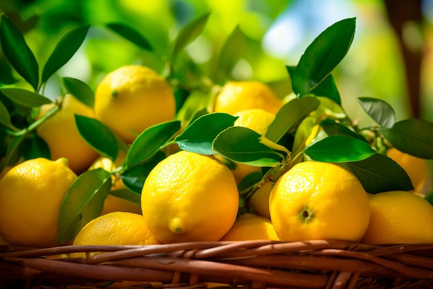 Colheita de limão em um cesto recolhendo limão fresco no jardim Imagem brilhante