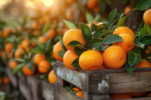 colheita de mandarinas maduras colhidas em caixas de madeira na plantação