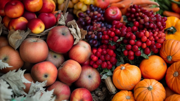 Colheita de outono bounty vegetais e frutas frescas em um mercado de agricultores