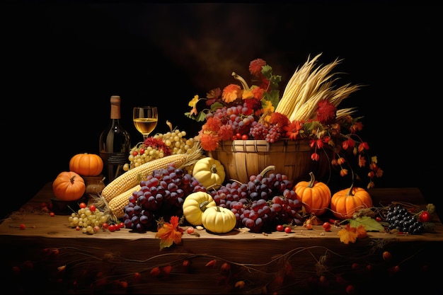 Foto colheita de outono com abóboras em mesa de madeira ação de graças festa de outono legumes frutas flores