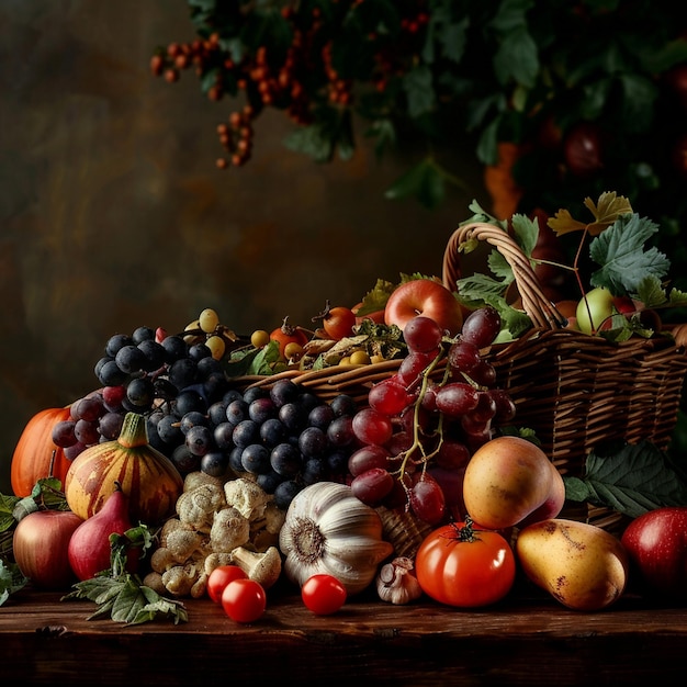 Colheita de Outono Frutas e Legumes Orgânicos Frescos na Mesa