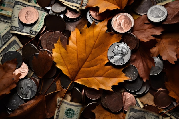 Colheita de riquezas Folhas de outono e dinheiro como símbolo de lucro