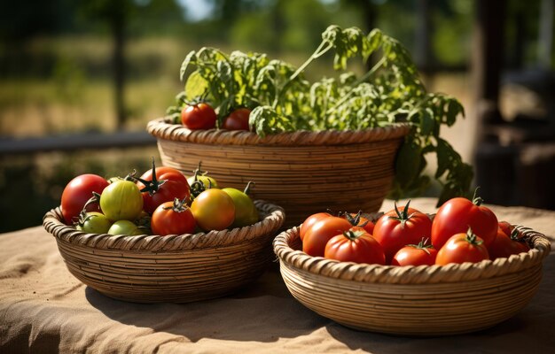 Colheita de tomate em uma cesta