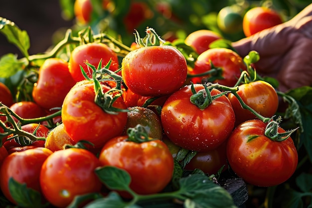 Colheita de tomates maduros ao sol