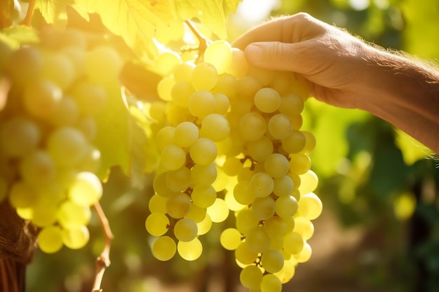 Colheita de uvas brancas Closeup das mãos do fazendeiro IA generativa