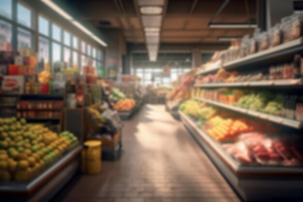 Colheita enigmática cena de supermercado borrada de produtos frescos gerados por IA