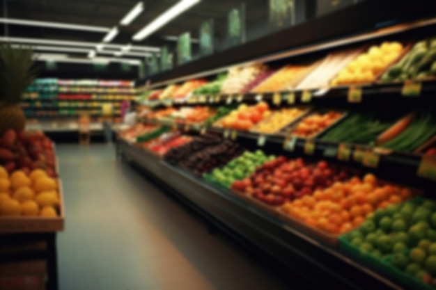 Colheita enigmática cena de supermercado borrada de produtos frescos gerados por IA
