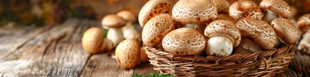 Colheita fresca de cogumelos Champignon em uma cesta rústica de vime